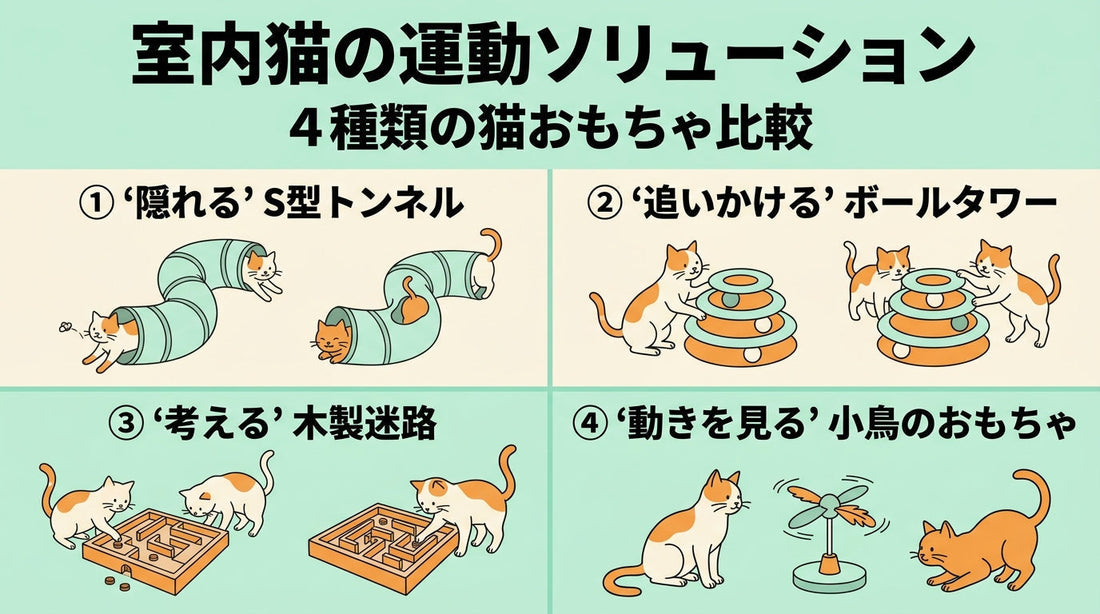 室内猫の運動不足対策｜隠れる・追う・考える・動きを見るおもちゃ4タイプ