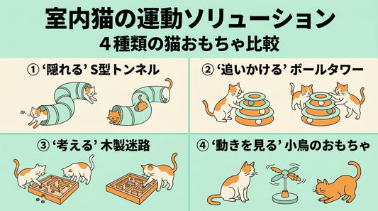 室内猫の運動不足対策｜隠れる・追う・考える・動きを見るおもちゃ4タイプ