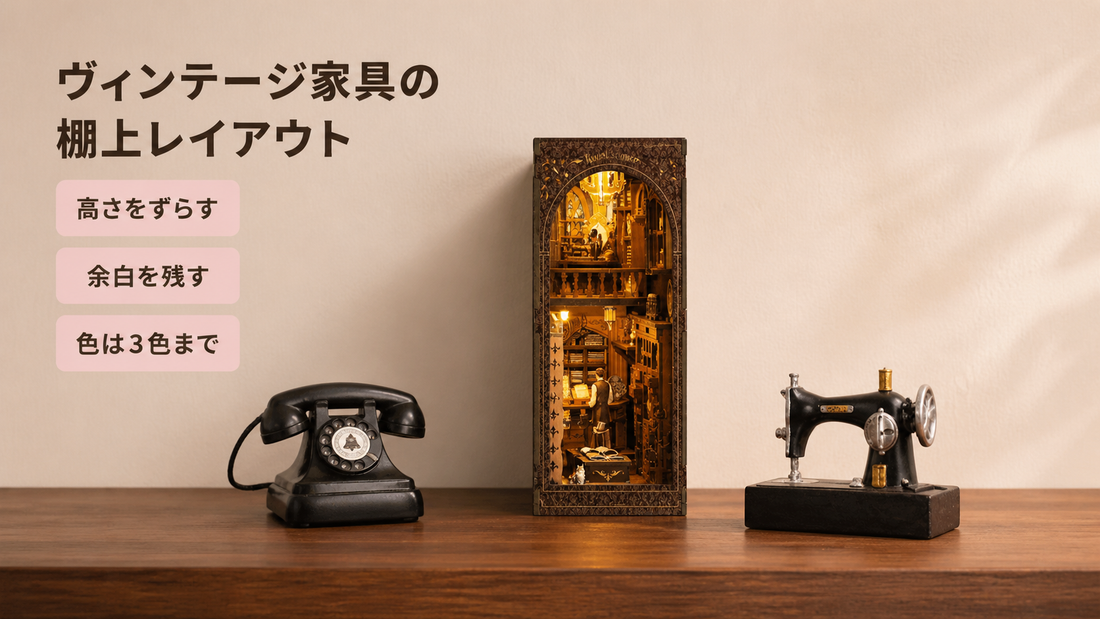ヴィンテージ家具の棚上レイアウト｜雑貨を3つに絞る飾り方