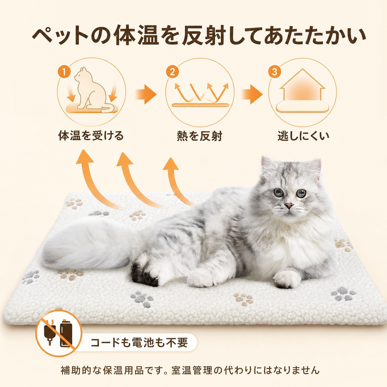 セルフ保温ペットマット 足跡柄｜ホワイト・57×46cm｜特長の解説