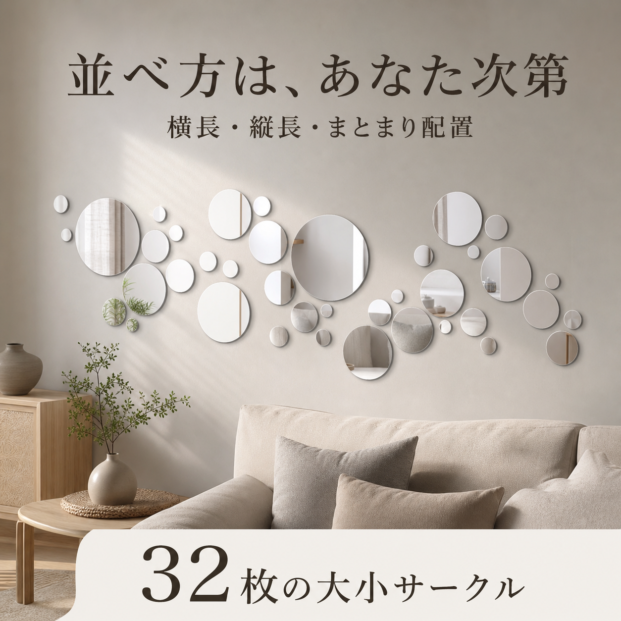 ミラー円形ウォールステッカー32枚セット｜シルバー｜使用イメージ