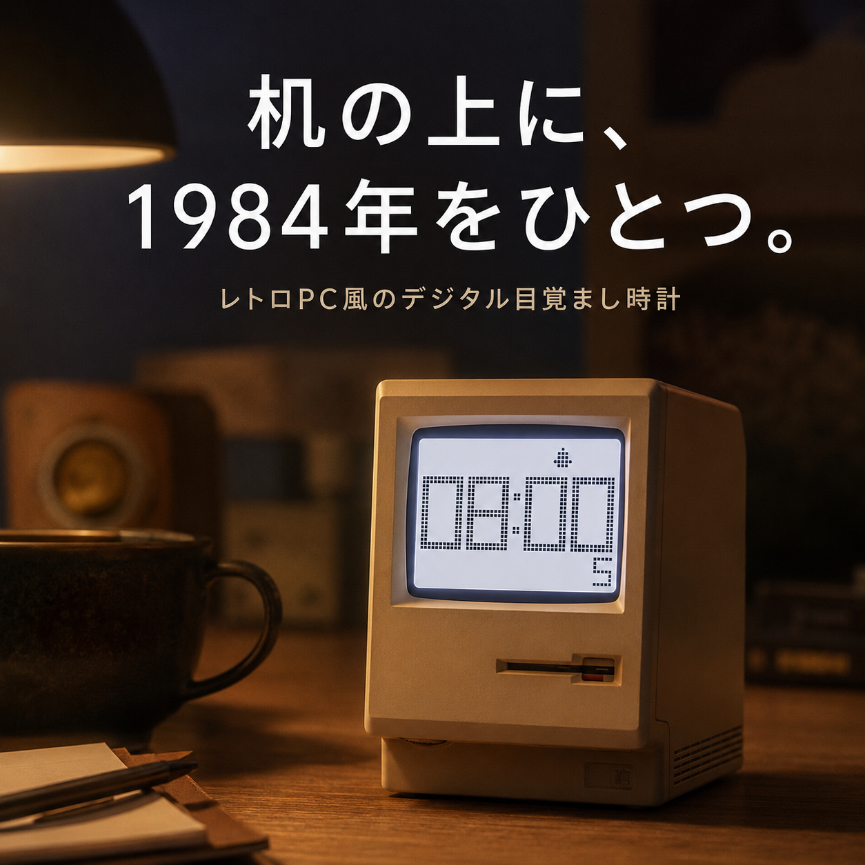 机の上に1984年をひとつ レトロPC風デジタル目覚まし時計