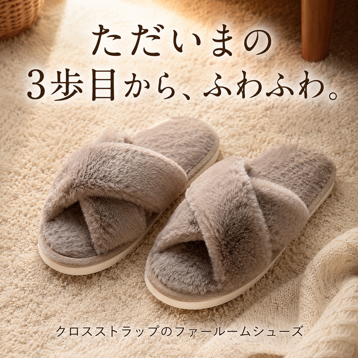 ただいまの3歩目からふわふわ ファールームシューズ カーキ