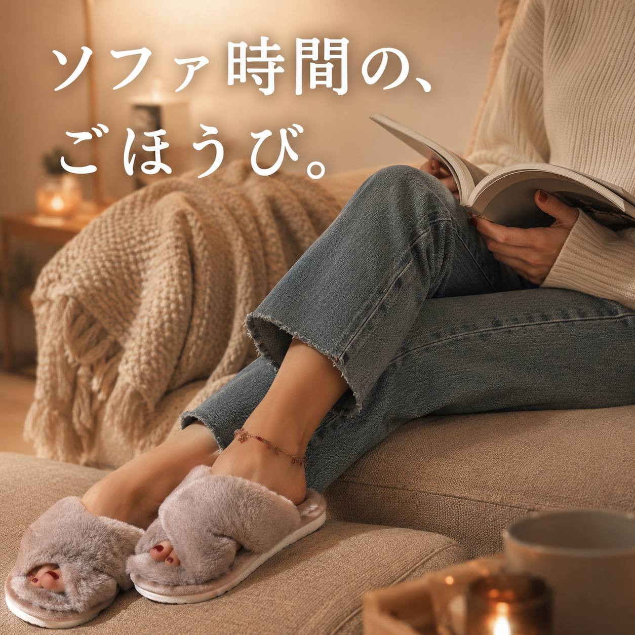 ソファ時間のごほうび カーキのファールームシューズ着用シーン