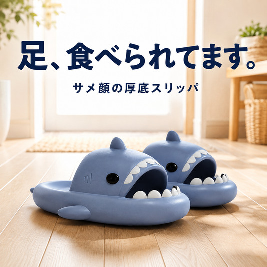 足食べられてます サメ顔の厚底スリッパ ブルー