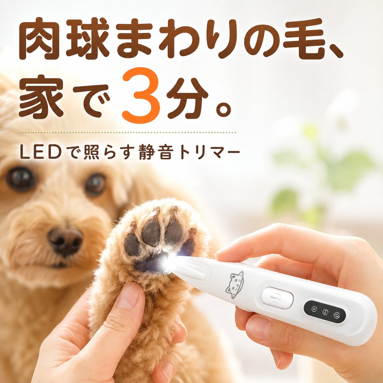 肉球まわりの毛を家で3分 LED静音トリマー ホワイト