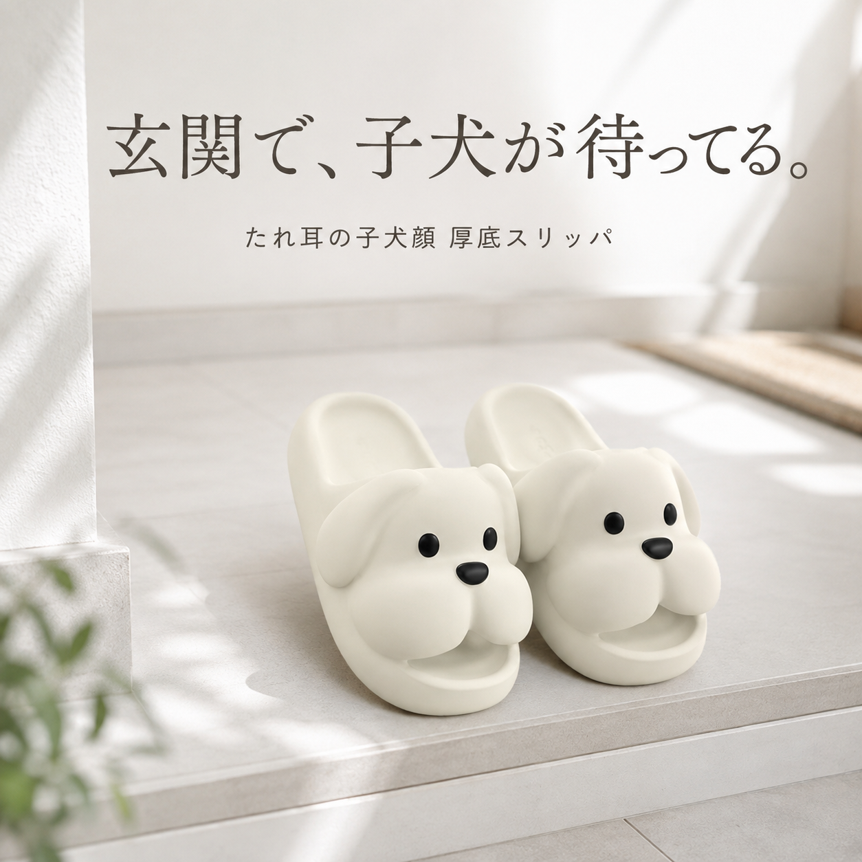 玄関で子犬が待ってる たれ耳の子犬顔厚底スリッパ クリームホワイト