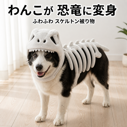 わんこが恐竜に変身 スケルトン被り物