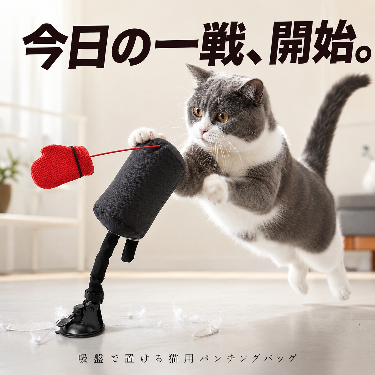 今日の一戦開始 吸盤で置ける猫用パンチングバッグ