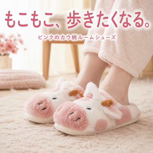 もこもこ歩きたくなる ピンクのカウ柄ルームシューズ