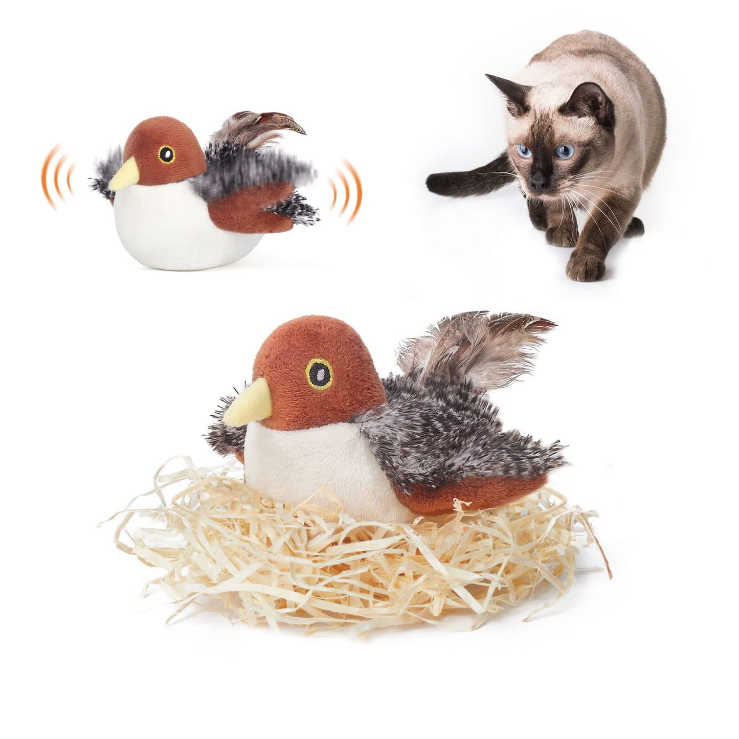 羽ばたいて鳴く猫用インタラクティブバードおもちゃ（スズメ）