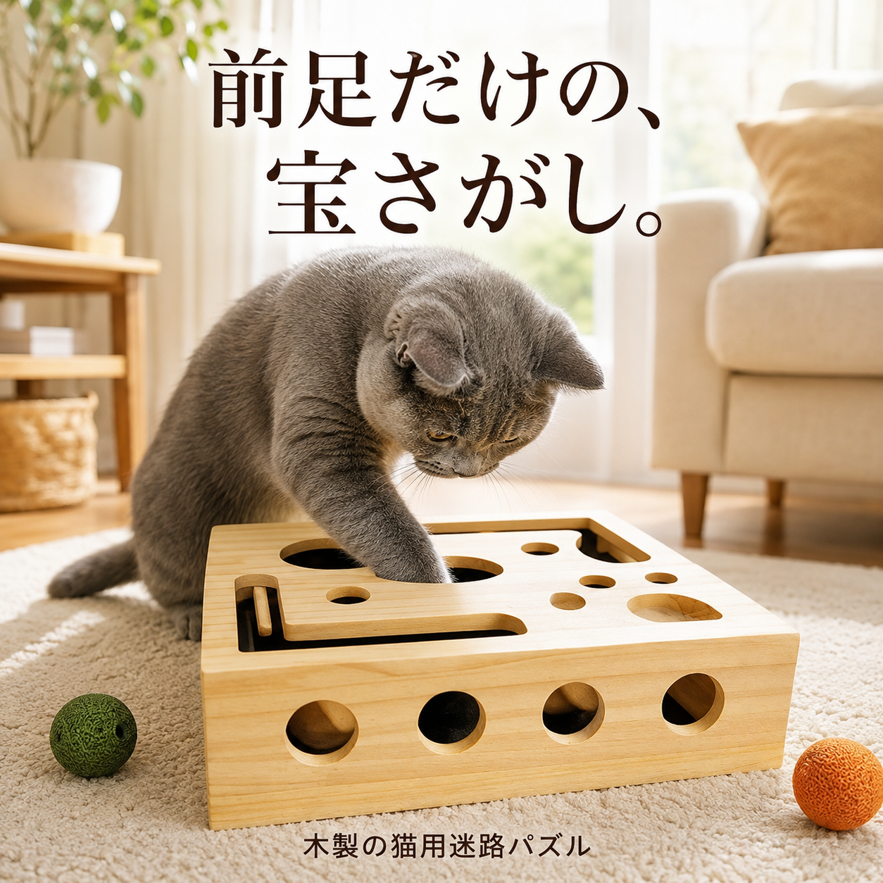 前足だけの宝さがし 木製の猫用迷路パズル