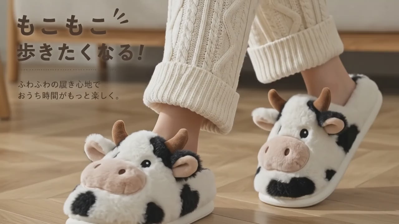 カウ柄ふわもこルームシューズを履いて歩く様子