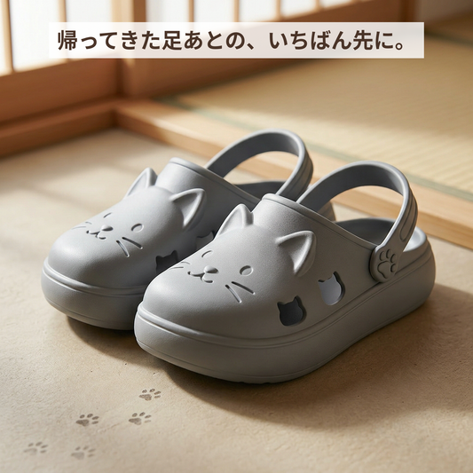 猫顔 肉球柄 厚底クロッグサンダル（2色×3サイズ）